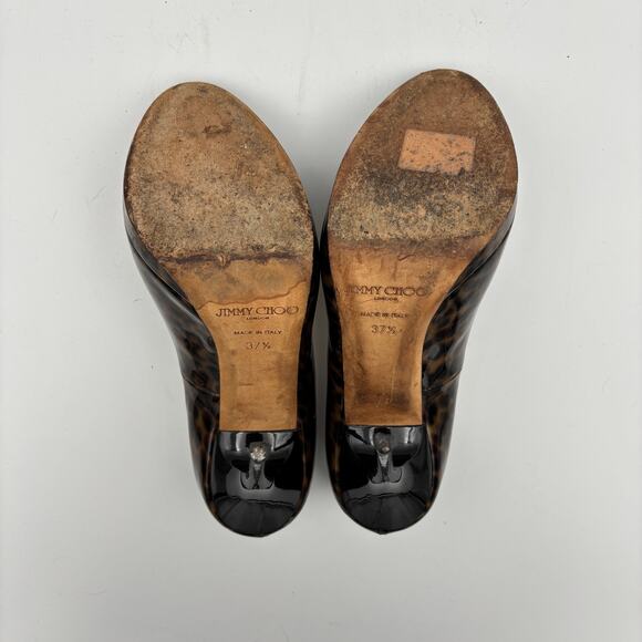 Jimmy Choo Cheetah Print Patent Leather Peep Toe Pumps Women's 37.5 - Picture 8 of 13